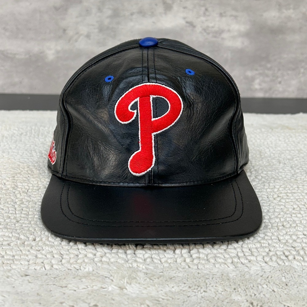 90s Vintage Philadelphia Phillies Strap Back Hat OSFA Leather Big Logo Cap Black